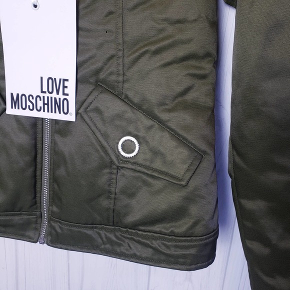 NWT Love Moschino EU 40 Satin Look Padded Jacket Pockets Full Zip In Olive Green - Picture 4 of 11